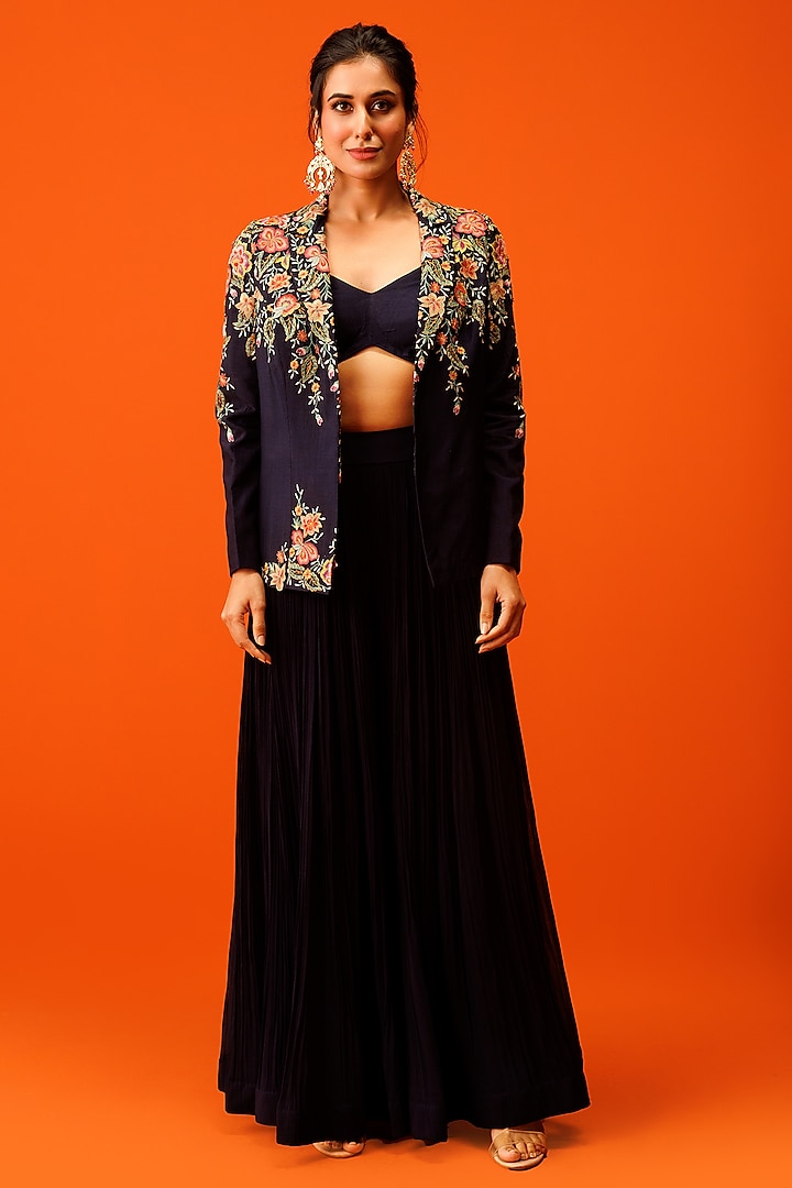 Blue Bemberg Silk Thread Embroidered Blazer Set by Rishi & Soujit at Pernia's Pop Up Shop