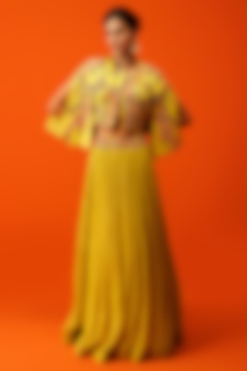 Yellow Georgette Pleated Skirt Set by Rishi & Soujit at Pernia's Pop Up Shop