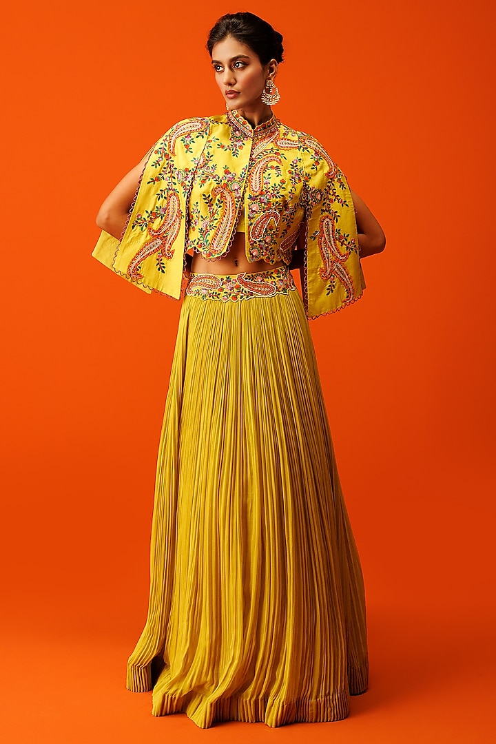 Yellow Georgette Pleated Skirt Set by Rishi & Soujit at Pernia's Pop Up Shop