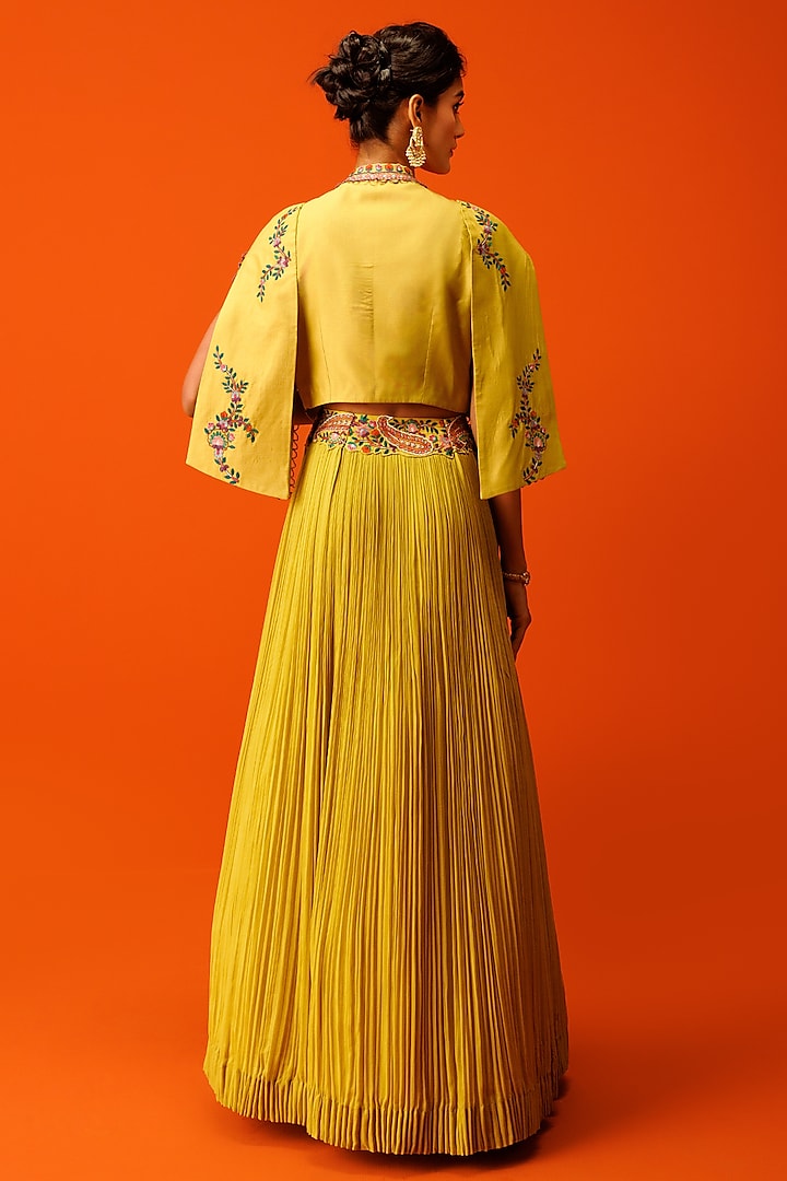 Yellow Georgette Pleated Skirt Set by Rishi & Soujit at Pernia's Pop Up Shop