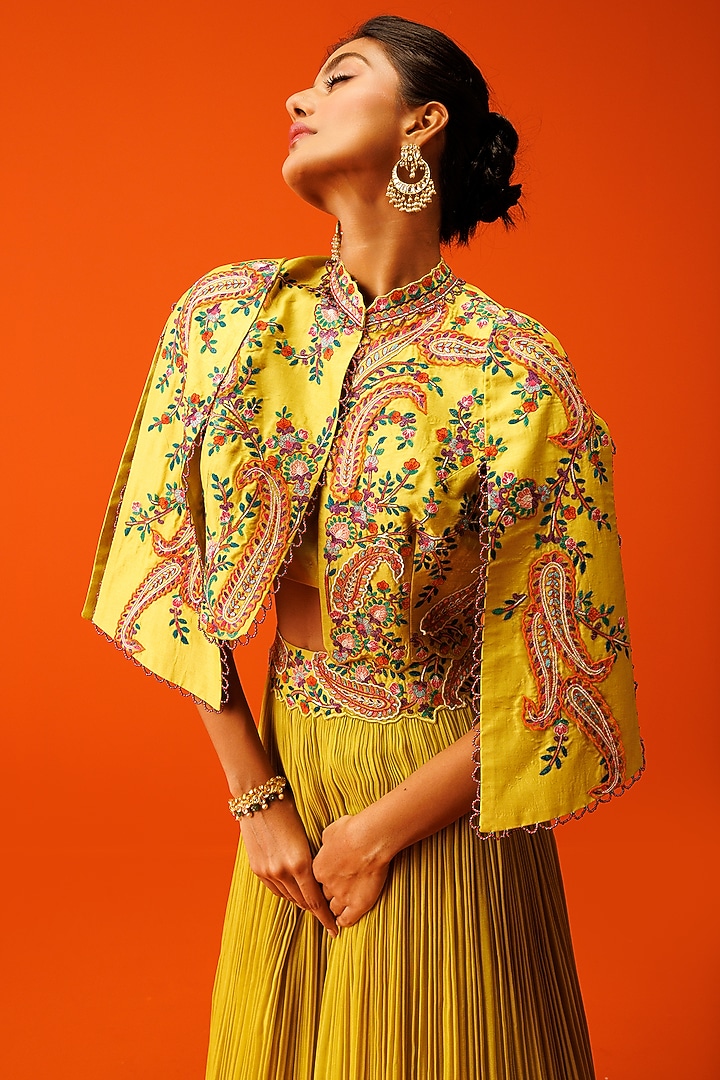 Yellow Georgette Pleated Skirt Set by Rishi & Soujit at Pernia's Pop Up Shop
