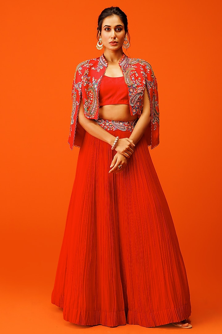 Red Georgette Pleated Skirt Set by Rishi & Soujit at Pernia's Pop Up Shop