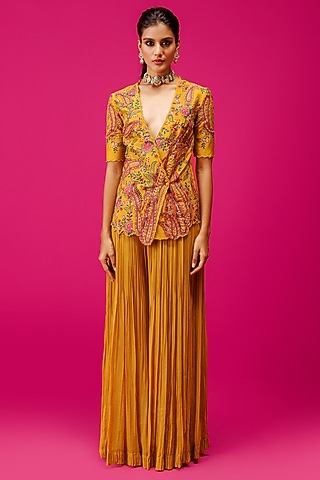 Yellow Georgette Gathered Pant Set by Rishi & Soujit
