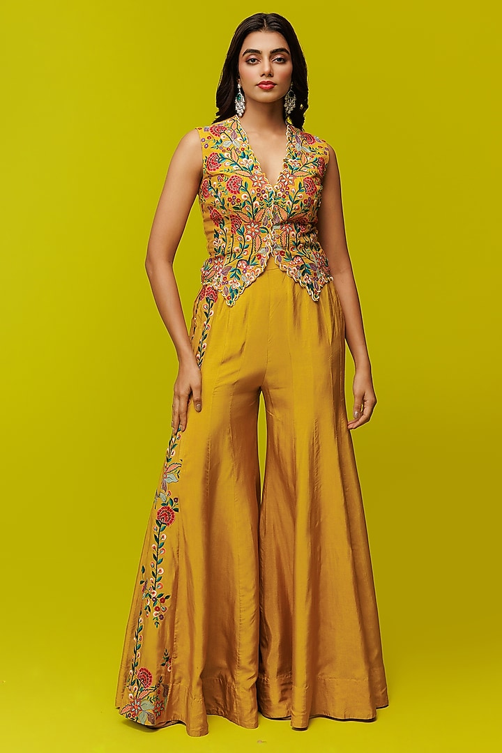 Yellow Bemberg Silk Pant Set by Rishi & Soujit at Pernia's Pop Up Shop