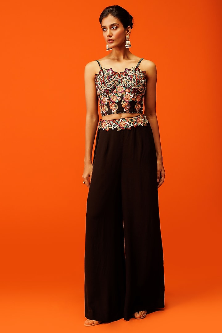 Black Bemberg Silk Flared Pant Set by Rishi & Soujit at Pernia's Pop Up Shop