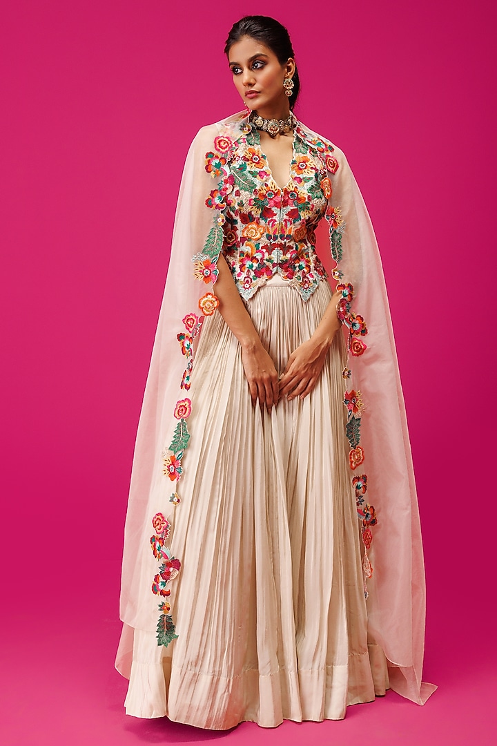 Ivory Georgette Pleated Skirt Set by Rishi & Soujit at Pernia's Pop Up Shop