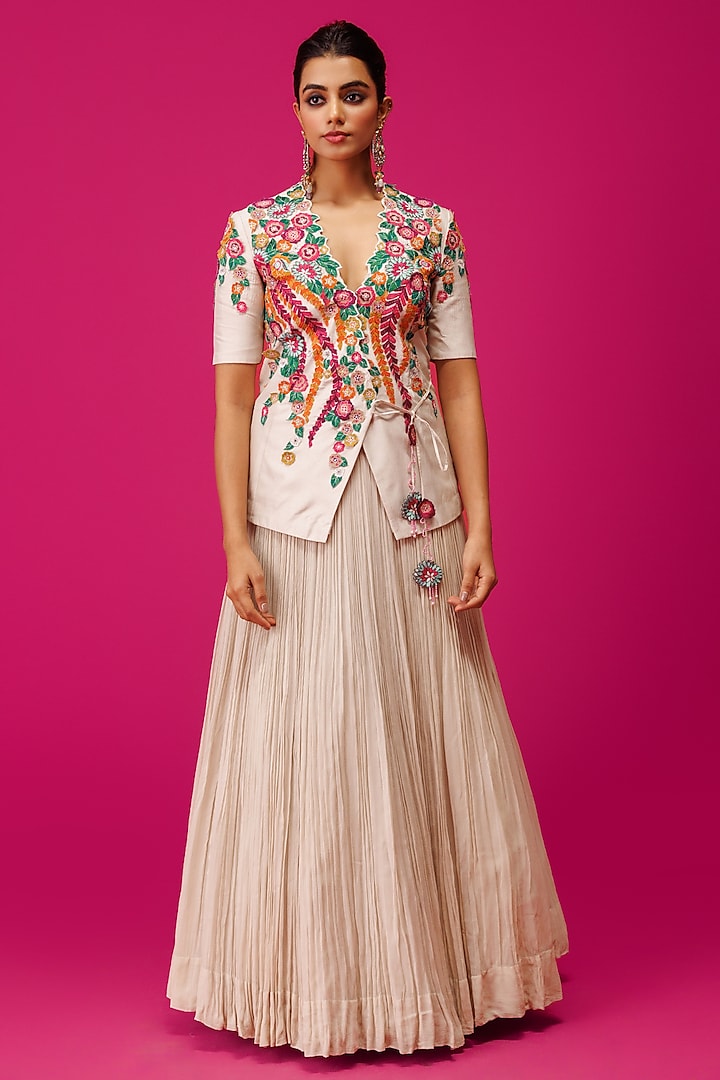 Ivory Crepe Pleated Skirt Set by Rishi & Soujit at Pernia's Pop Up Shop