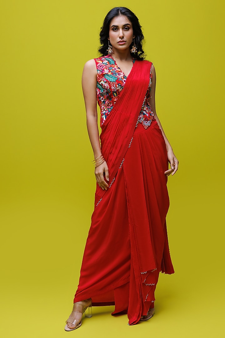 Red Organza Draped Saree Set by Rishi & Soujit at Pernia's Pop Up Shop