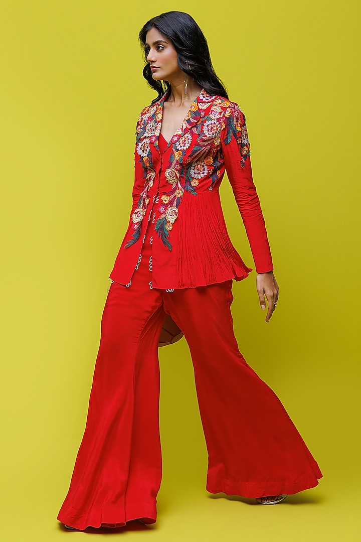 Red Georgette Pearl Embroidered Jacket Set by Rishi & Soujit at Pernia's Pop Up Shop