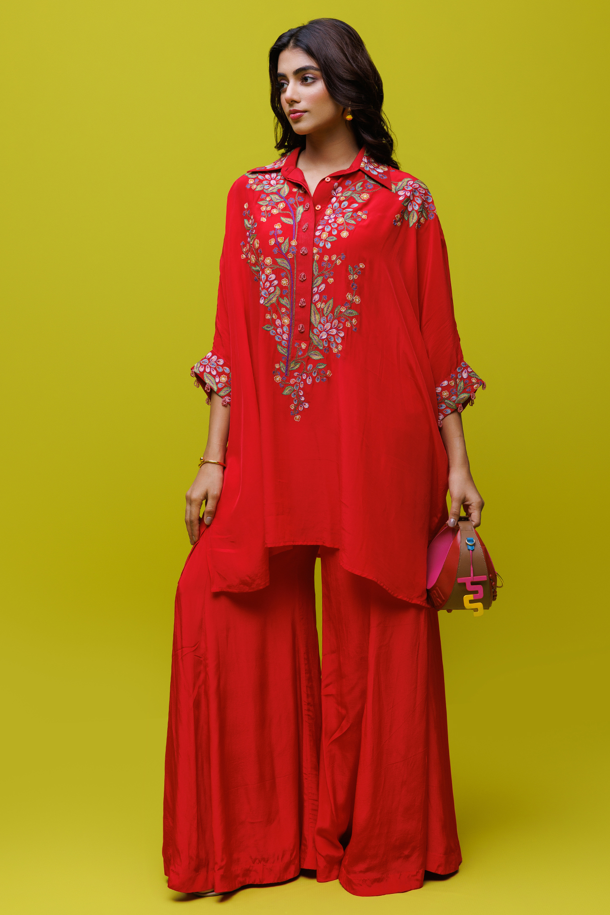 Red Crepe Thread Embroidered Kaftan Set by Rishi & Soujit at Pernia's Pop Up Shop