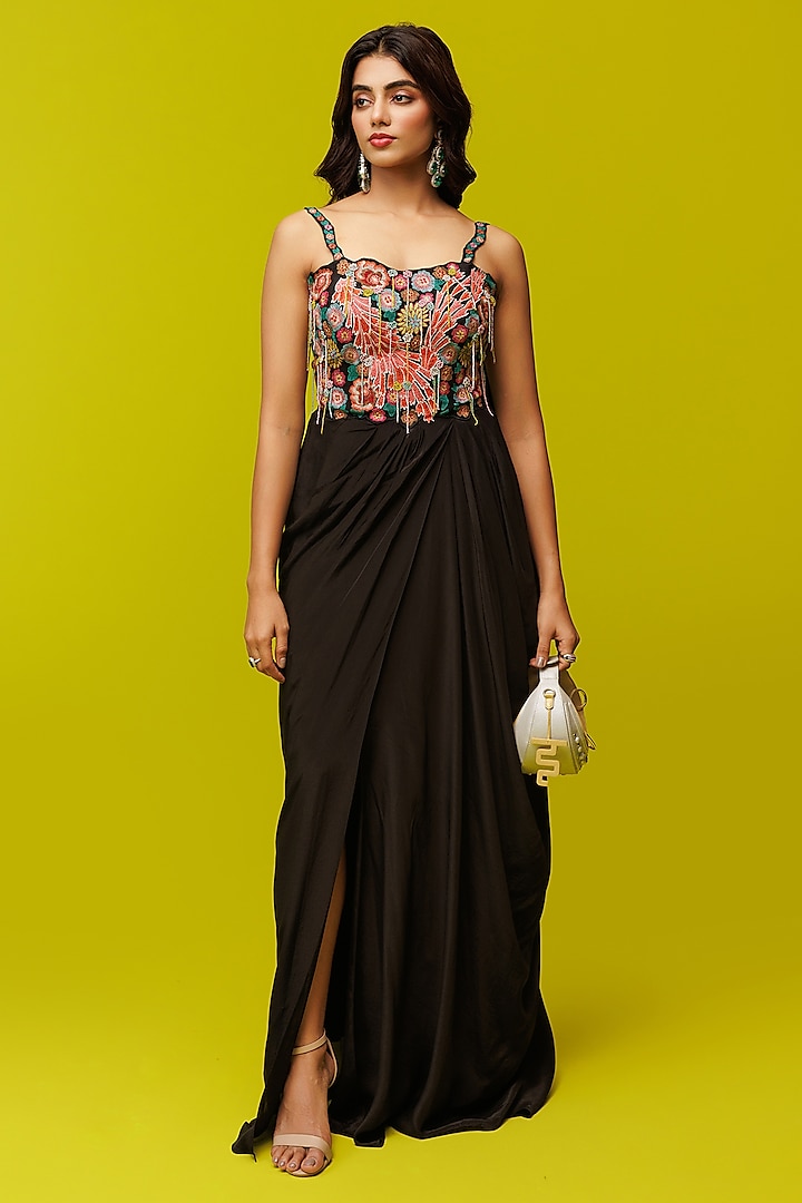 Black Crepe Hand & Machine Embroidered Corset Gown by Rishi & Soujit at Pernia's Pop Up Shop