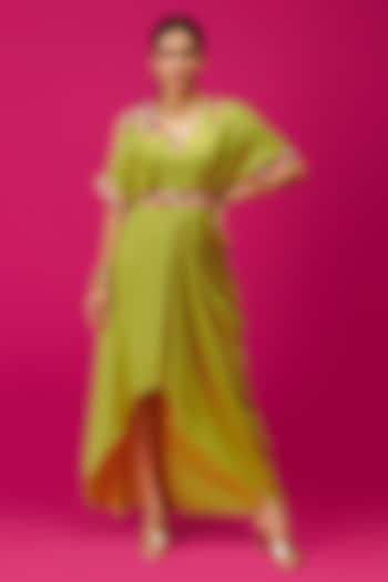 Lime Green Bemberg Silk Hand & Machine Embroidered Draped Dress by Rishi & Soujit at Pernia's Pop Up Shop