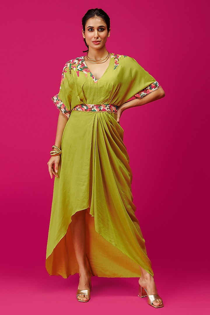 Lime Green Bemberg Silk Hand & Machine Embroidered Draped Dress by Rishi & Soujit at Pernia's Pop Up Shop