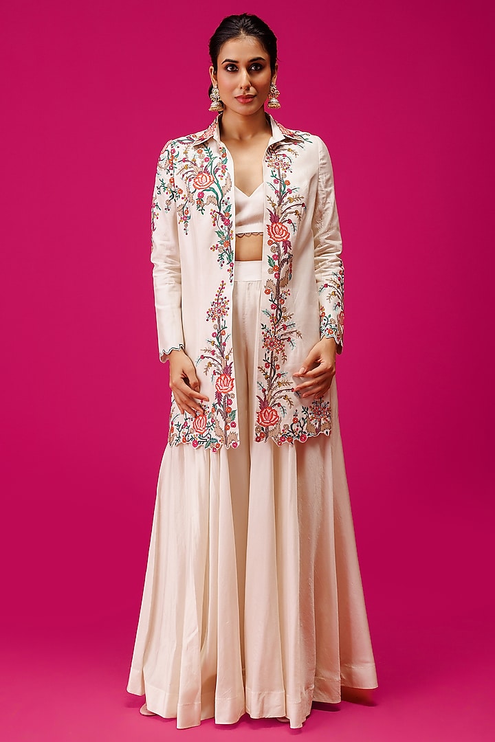 Ivory Bemberg Silk Hand & Machine Embroidered Jacket Set by Rishi & Soujit at Pernia's Pop Up Shop