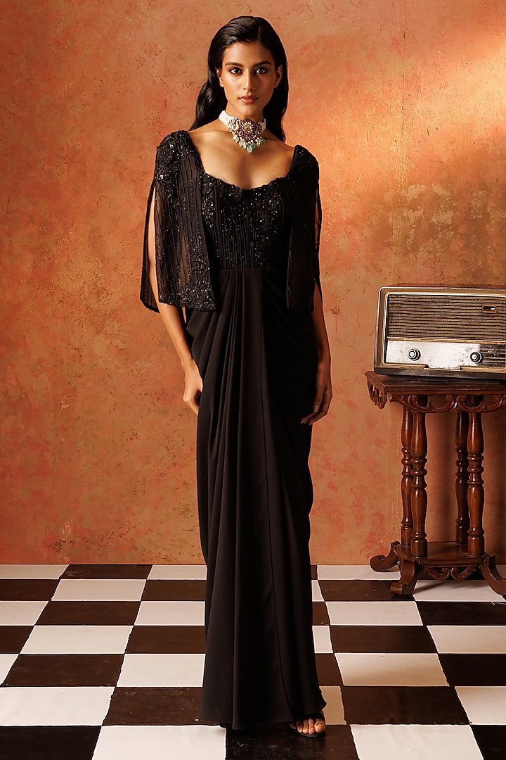 Black Organza & Georgette Hand Embroidered Draped Dress by Rishi & Soujit at Pernia's Pop Up Shop