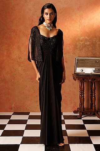 Black Organza & Georgette Hand Embroidered Draped Dress by Rishi & Soujit