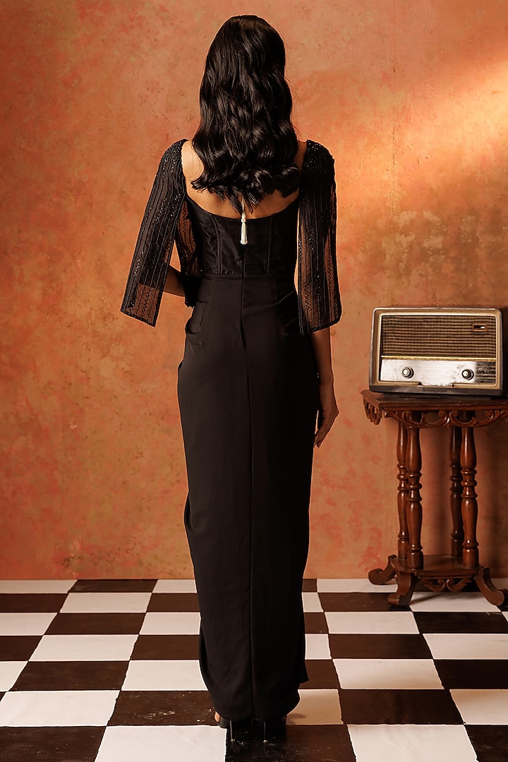Black Organza & Georgette Hand Embroidered Draped Cocktail Dress by Rishi & Soujit at Pernia's Pop Up Shop