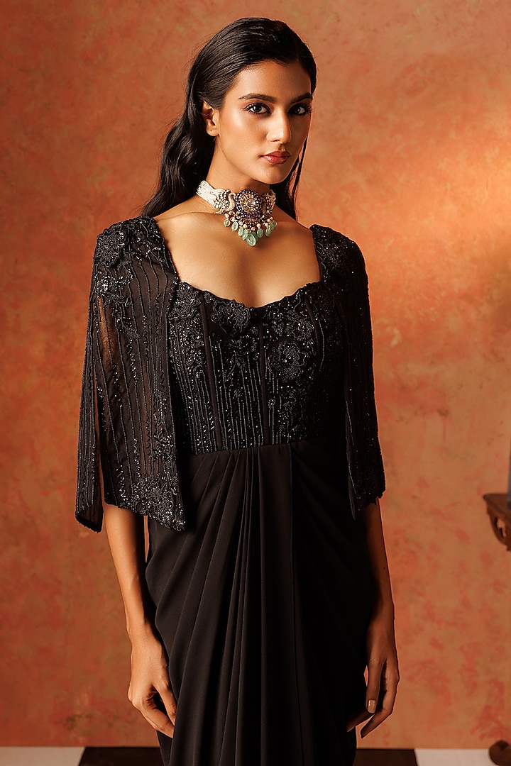 Black Organza & Georgette Hand Embroidered Draped Cocktail Dress by Rishi & Soujit at Pernia's Pop Up Shop