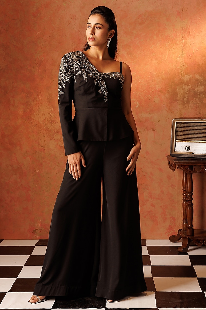 Black Georgette Flared Pant Set by Rishi & Soujit