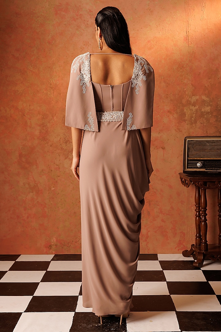Beige Georgette Draped Skirt Set by Rishi & Soujit at Pernia's Pop Up Shop