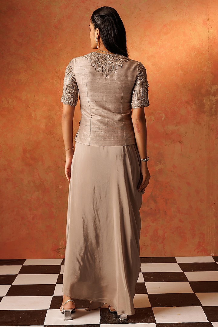 Slate Grey Crepe Draped Skirt Set by Rishi & Soujit at Pernia's Pop Up Shop