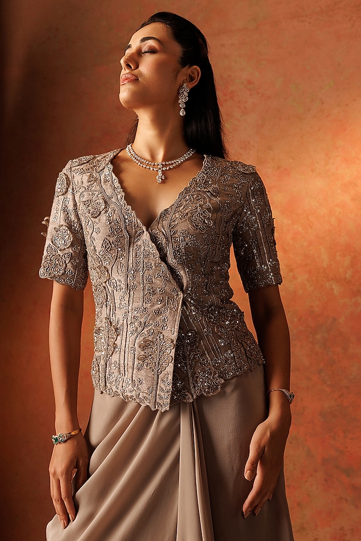 Slate Grey Crepe Draped Skirt Set by Rishi & Soujit at Pernia's Pop Up Shop