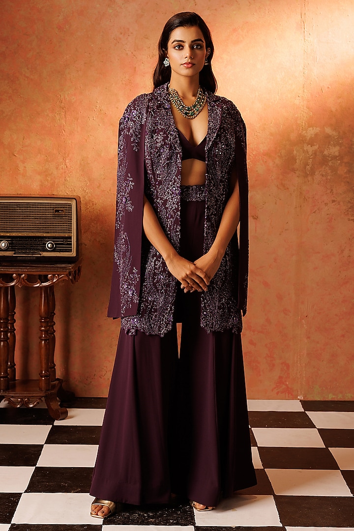 Purple Georgette Hand Embroidered Jacket Set by Rishi & Soujit at Pernia's Pop Up Shop