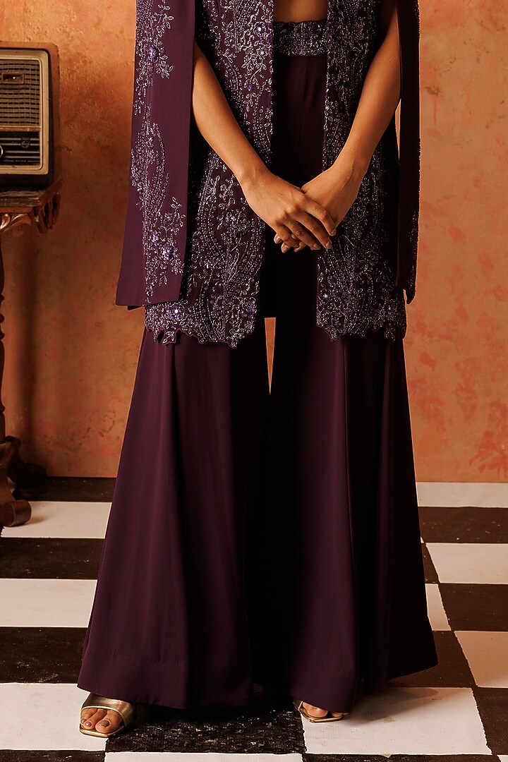 Purple Georgette Hand Embroidered Jacket Set by Rishi & Soujit at Pernia's Pop Up Shop