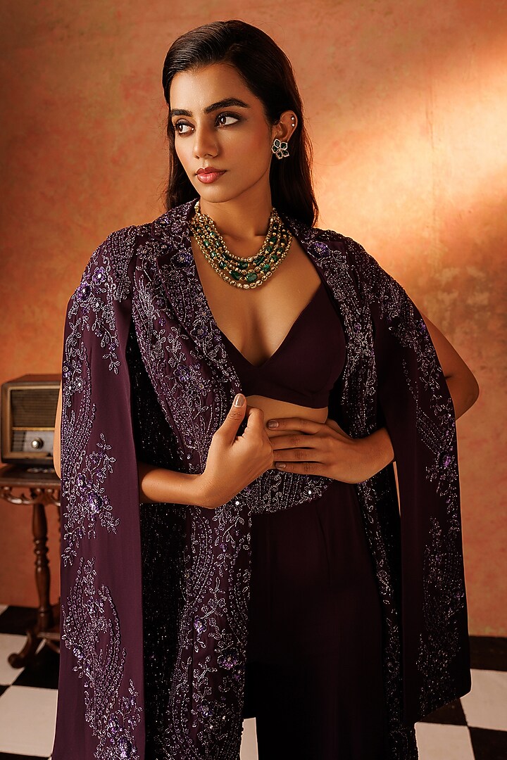 Purple Georgette Hand Embroidered Jacket Set by Rishi & Soujit at Pernia's Pop Up Shop