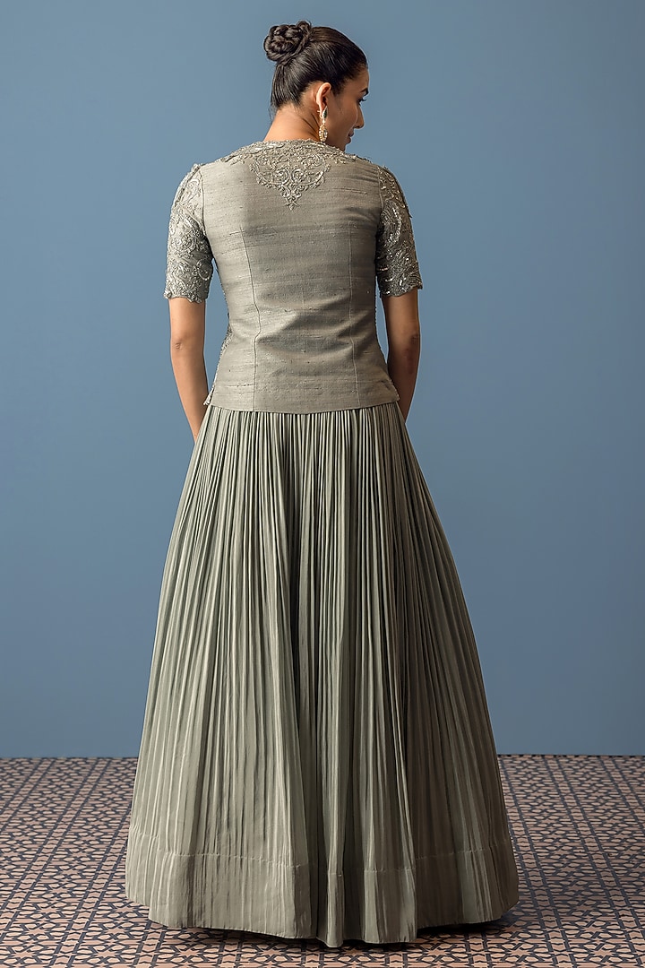 Dusky Blue Crepe Pleated Skirt Set by Rishi & Soujit at Pernia's Pop Up Shop