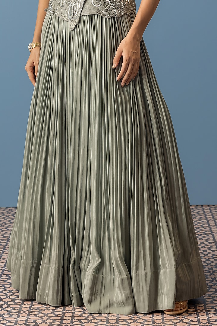 Dusky Blue Crepe Pleated Skirt Set by Rishi & Soujit at Pernia's Pop Up Shop