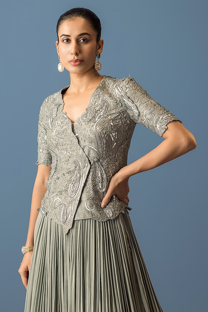 Dusky Blue Crepe Pleated Skirt Set by Rishi & Soujit at Pernia's Pop Up Shop