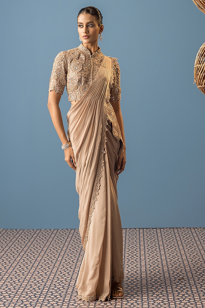 Beige Crepe Embroidered Draped Saree Set by Rishi & Soujit at Pernia's Pop Up Shop