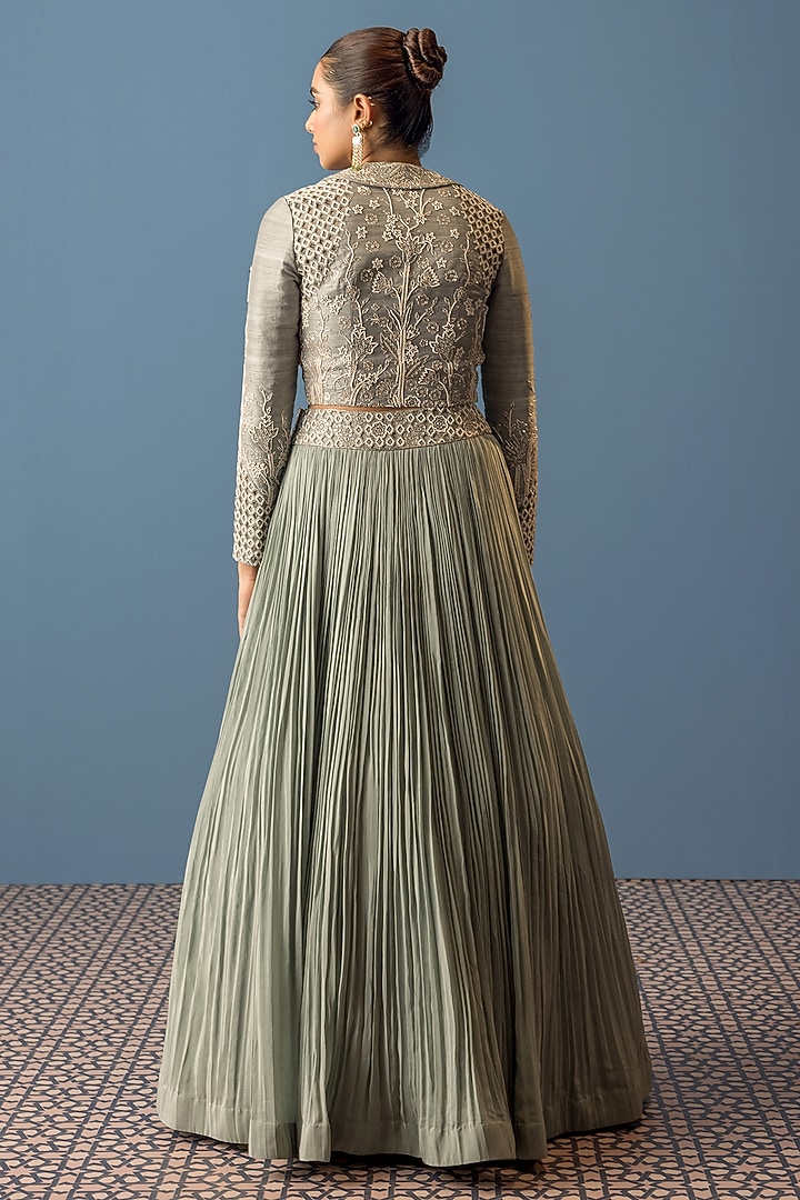Dusky Blue Raw Silk Hand Embroidered Jacket Set by Rishi & Soujit at Pernia's Pop Up Shop