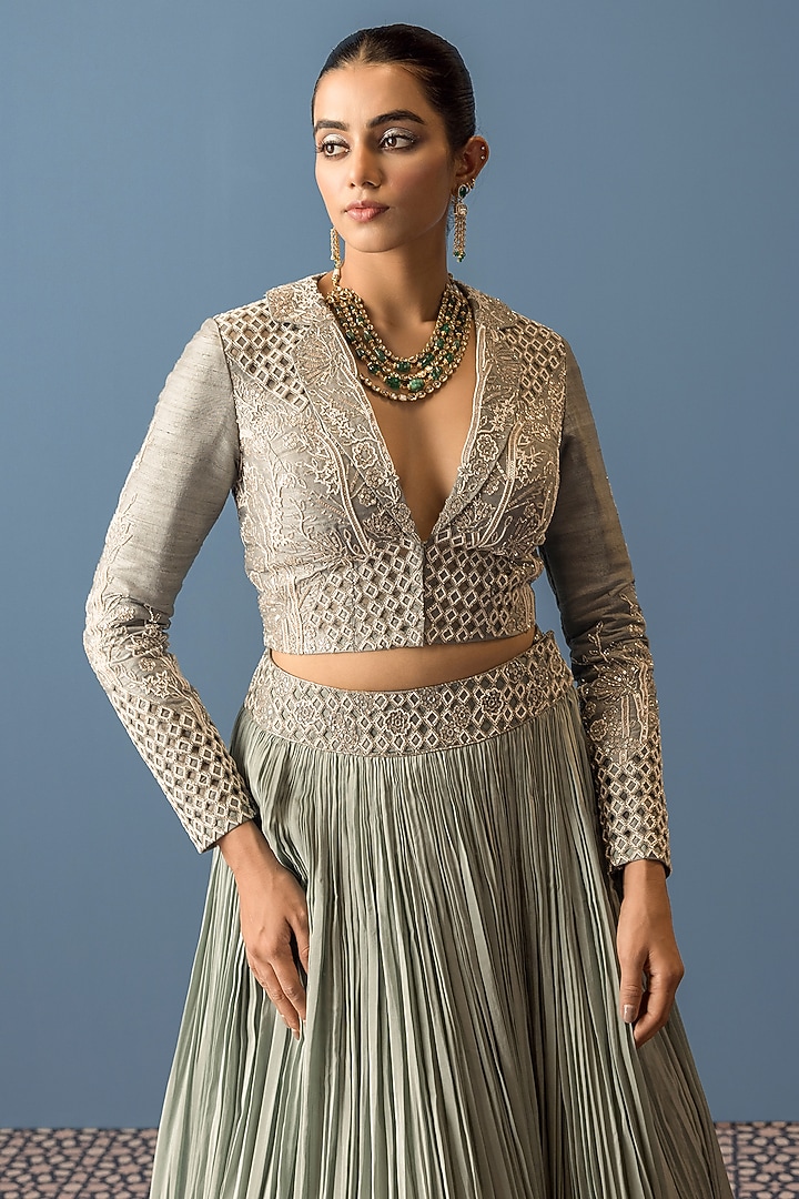 Dusky Blue Raw Silk Hand Embroidered Jacket Set by Rishi & Soujit at Pernia's Pop Up Shop