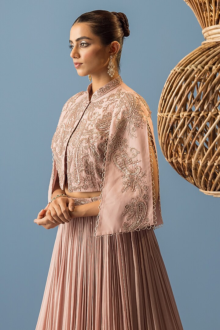 Pink Crepe Hand Embroidered Jacket Wedding Lehenga Set by Rishi & Soujit at Pernia's Pop Up Shop