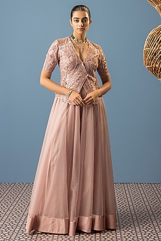 Pink Crepe Flared Pant Set by Rishi & Soujit