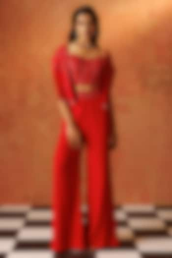 Red Crepe Flared Pant Set by Rishi & Soujit