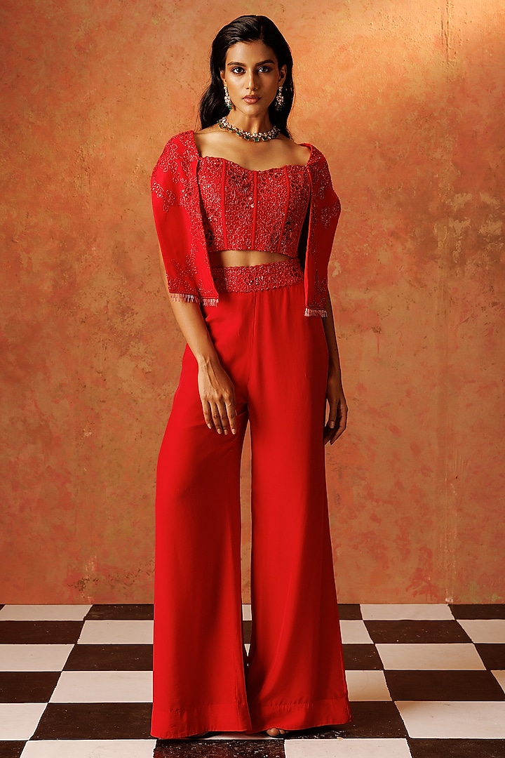 Red Crepe Flared Pant Set by Rishi & Soujit