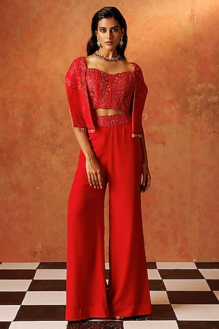 Red Crepe Flared Pant Set by Rishi & Soujit
