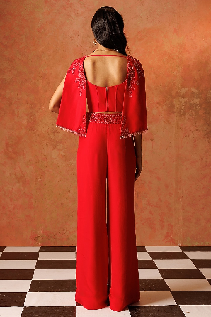 Red Crepe Flared Pant Set by Rishi & Soujit at Pernia's Pop Up Shop