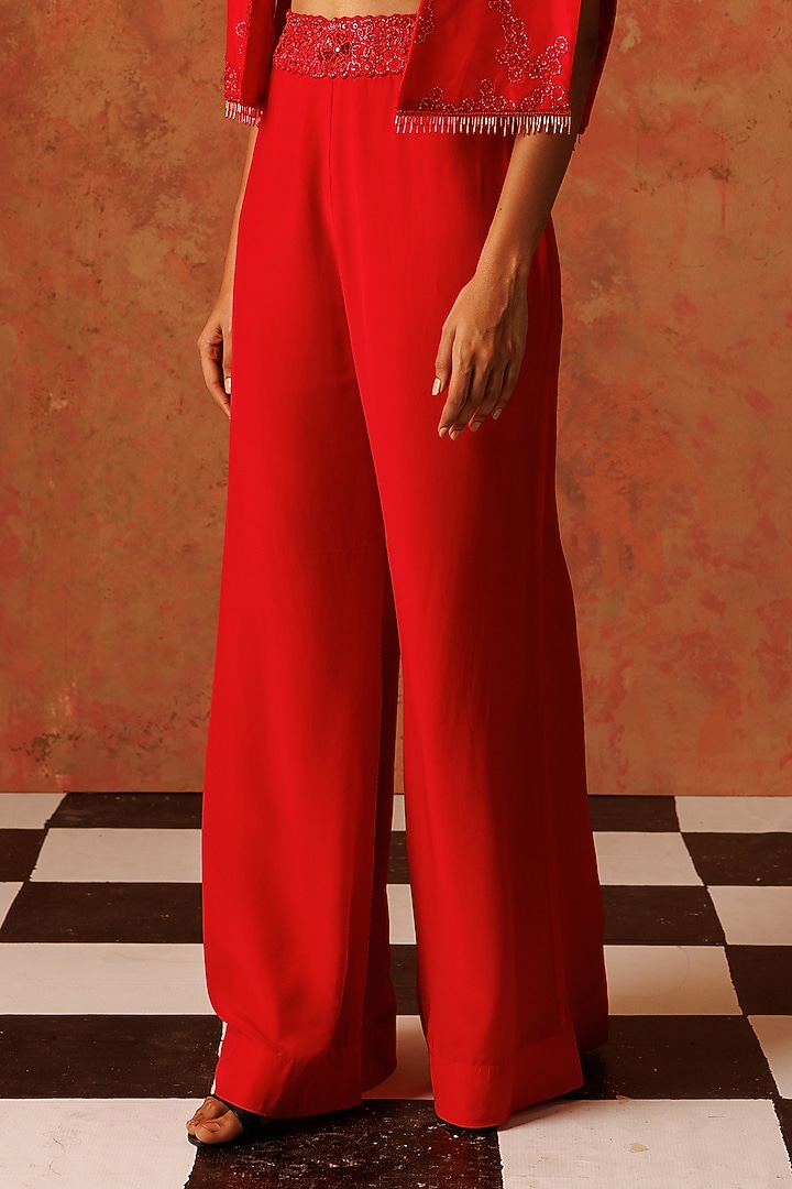 Red Crepe Flared Pant Set by Rishi & Soujit at Pernia's Pop Up Shop