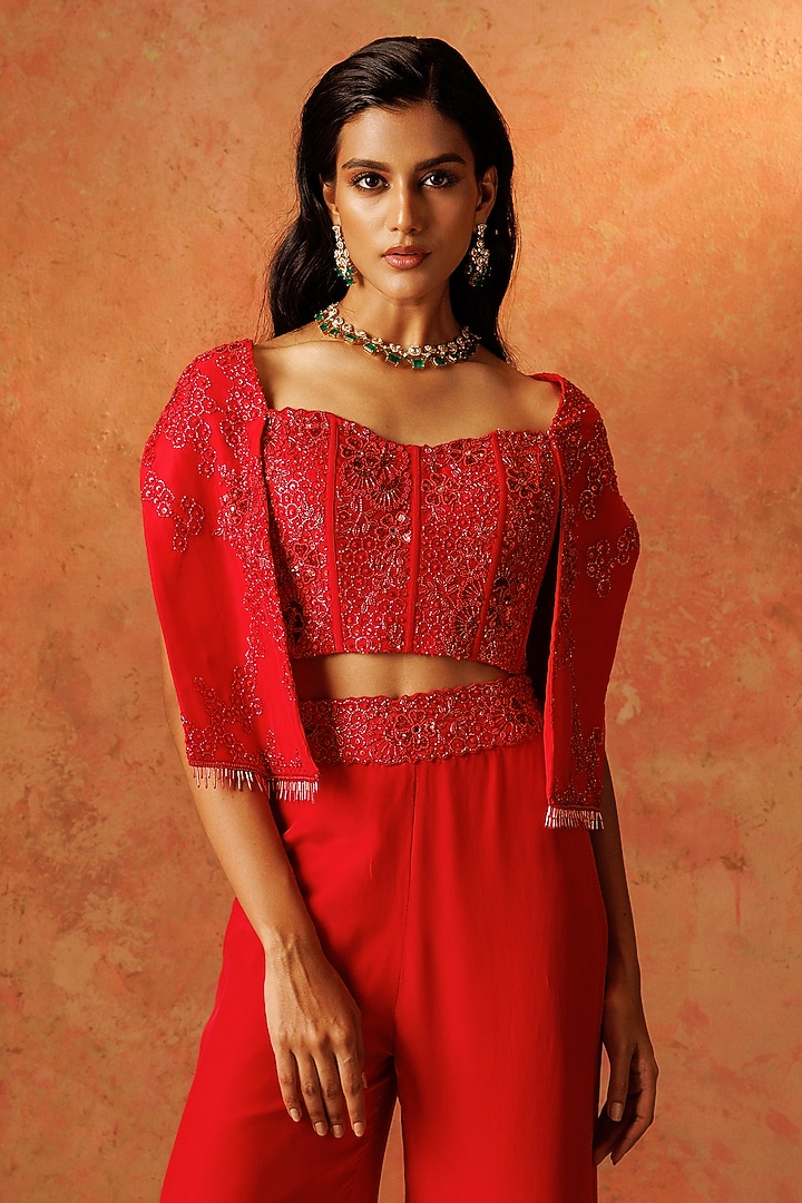 Red Crepe Flared Pant Set by Rishi & Soujit at Pernia's Pop Up Shop