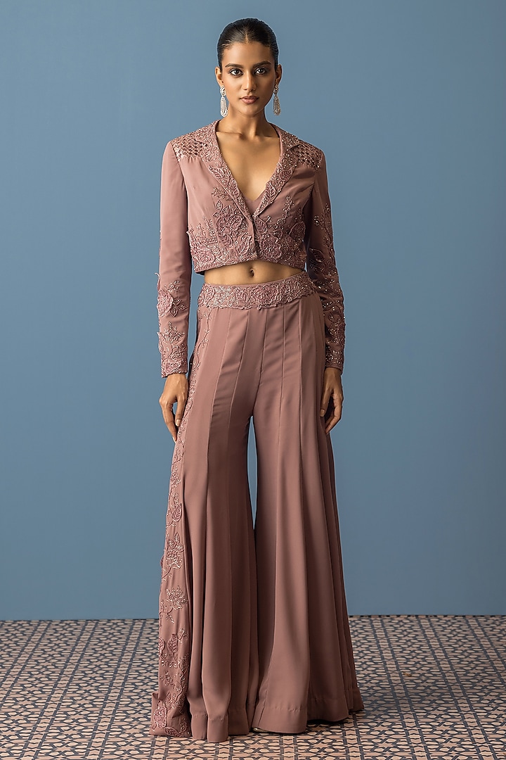 Pink Georgette Embroidered Pant Set by Rishi & Soujit at Pernia's Pop Up Shop