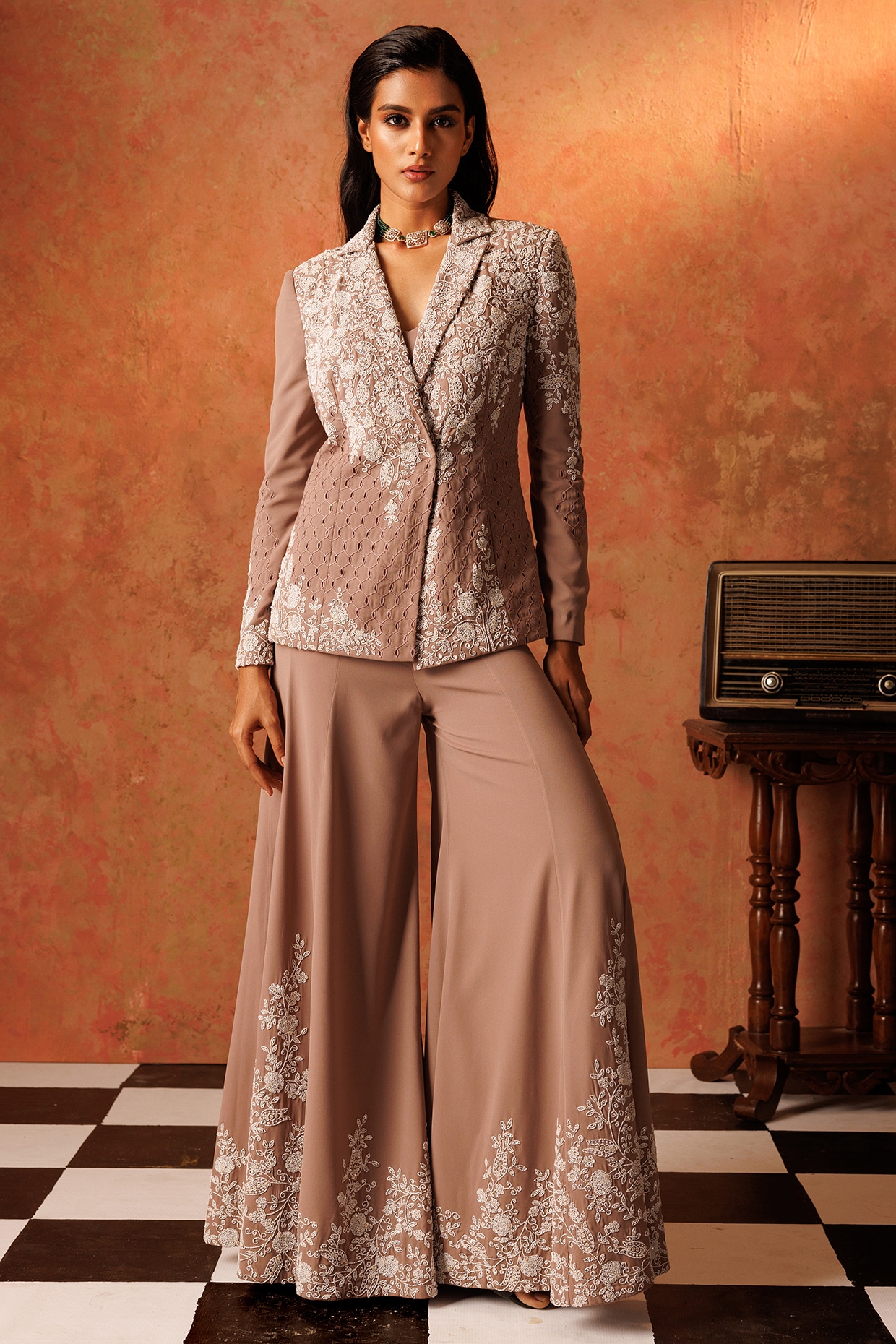 Beige Georgette Hand Embroidered Blazer Set by Rishi & Soujit at Beige Georgette Hand Embroidered Blazer Set by Rishi & Soujit at