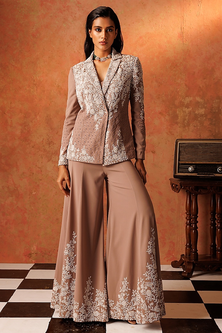 Beige Georgette Hand Embroidered Blazer Set by Rishi & Soujit