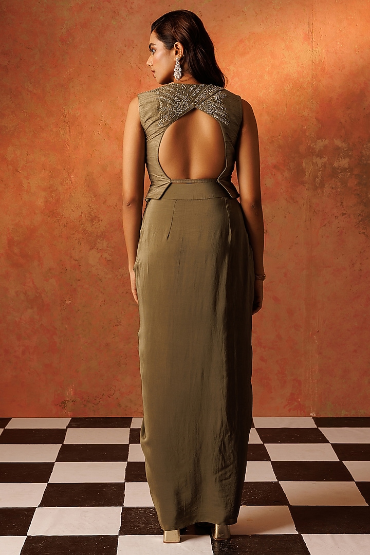 Green Crepe Draped Skirt Set by Rishi & Soujit at Pernia's Pop Up Shop