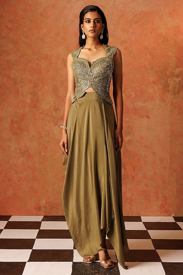 Green Crepe Draped Skirt Set by Rishi & Soujit