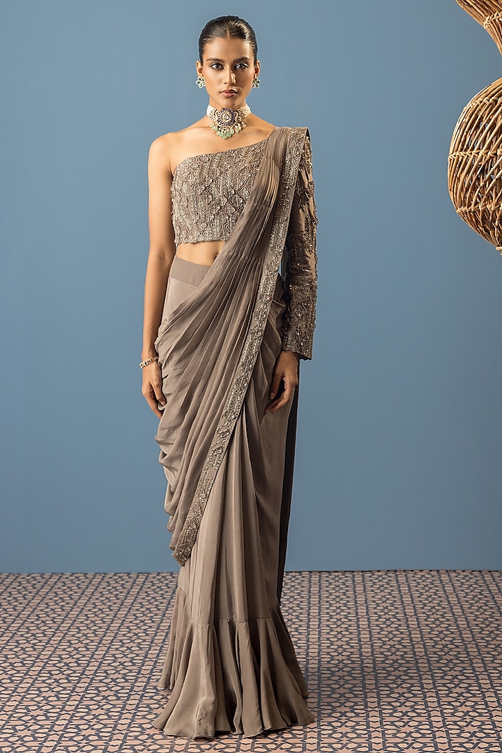 Charcoal Grey Organza & Crepe Embroidered Draped Saree Set by Rishi & Soujit