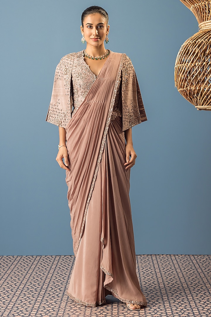 Beige Crepe Embroidered Draped Saree Set by Rishi & Soujit